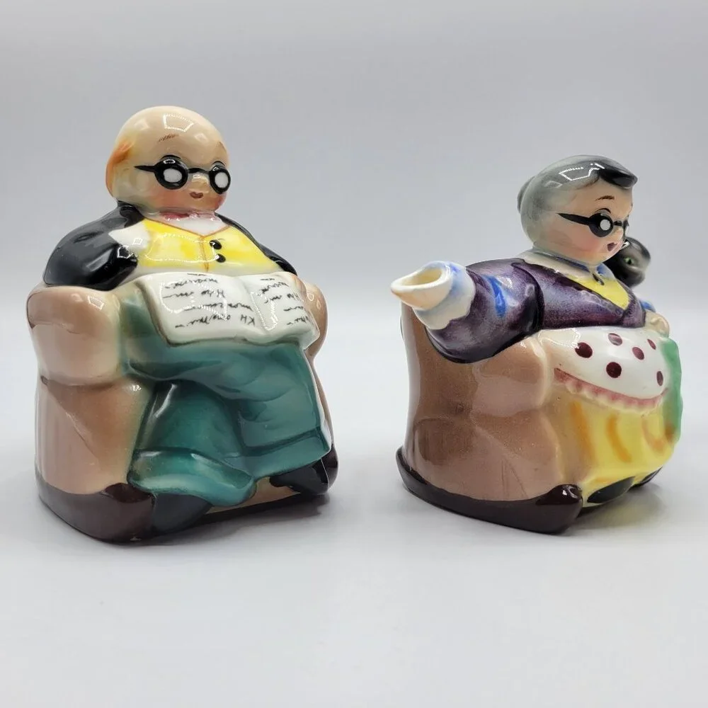 Vintage Hand Painted Japan Grandparents Creamer & Sugar Bowl Set
